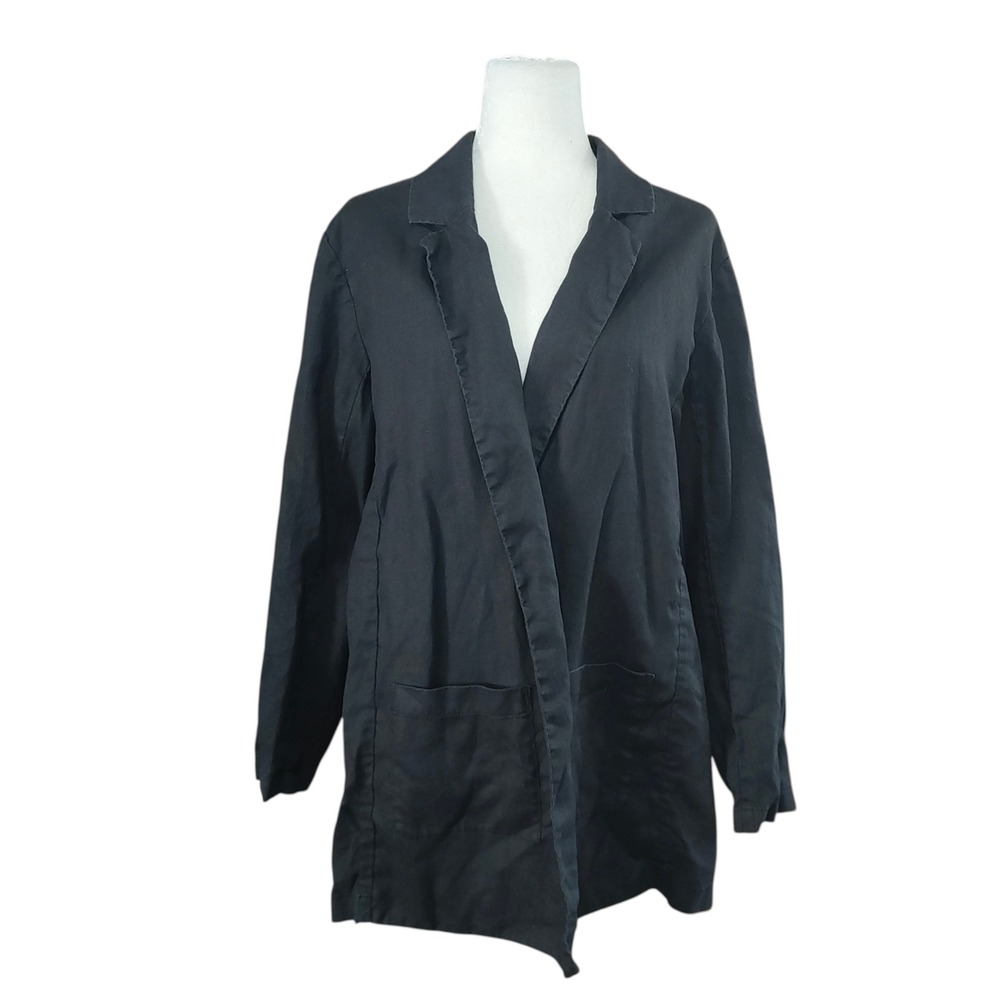 Eileen Fisher Black 100% Organic Linen Open Front Blazer Jacket Lagenlook XL - Picture 3 of 11